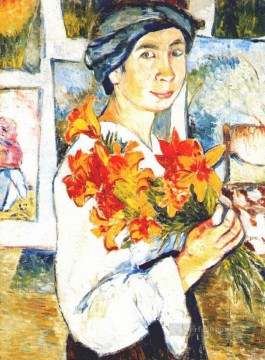self portrait with yellow lilies Russian Oil Paintings